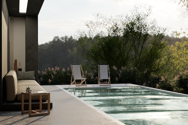 깨끗한 수영장 휴식 공간과 아름다운 자연 전망을 갖춘 현대적인 수영장 테라스