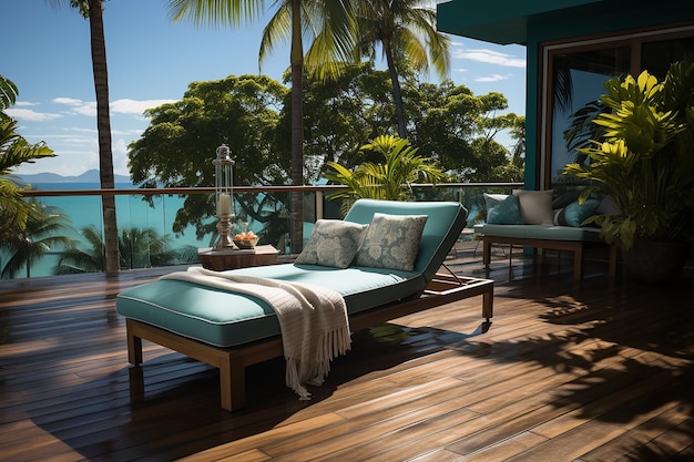 Modern Poolside Deck with LightColored Furniture Photography