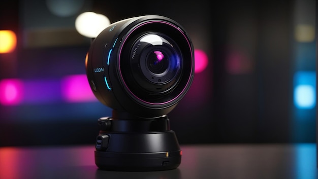 A modern portable bloack security camera illuminated by neon light against a dark textured surface