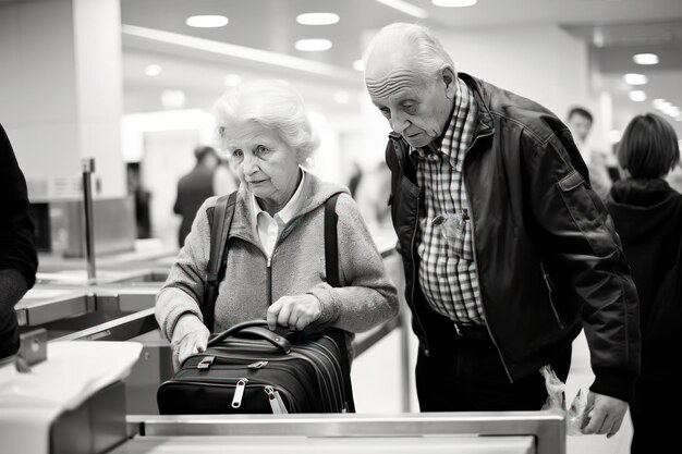 空港で待っている高齢者の現代的な肖像画 高齢のカップルが空港のシーンを旅しています
