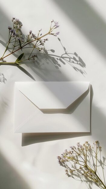 Современный почтовый эстетический конверт на светлом фоне с тенями Шаблон приглашения Генеративный ИИ