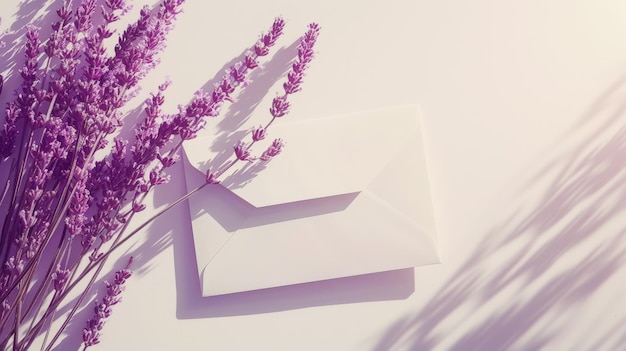 Photo modern postal aesthetic envelope with lavender on light background invitation template generative ai
