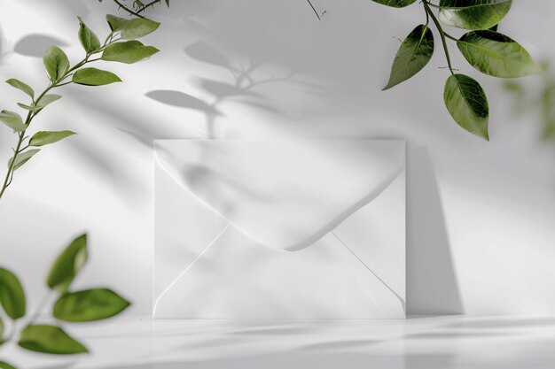 Modern postal envelope with few plants or leaves on clean bright background