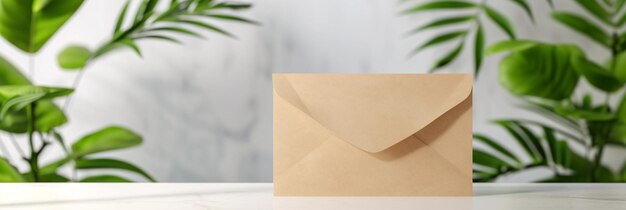 Modern postal envelope with few plants or leaves on clean bright background