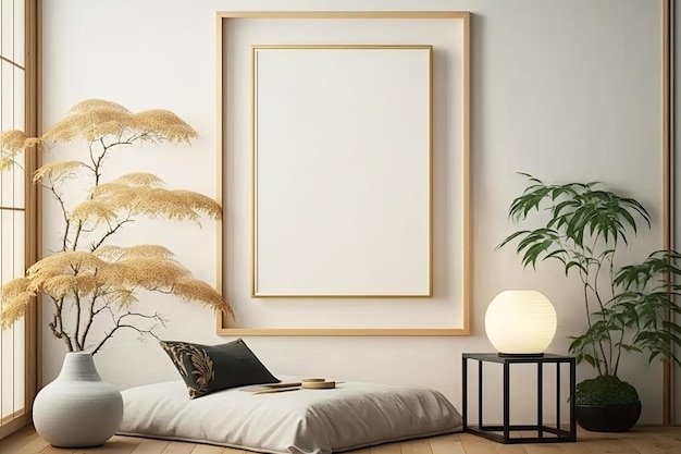 Modern poster with copy space in beige minimalist bedroom Illustration Generative AI