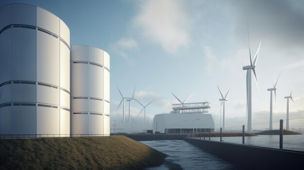 Modern power plant with wind turbines large power units the concept of alternative energy ecology is