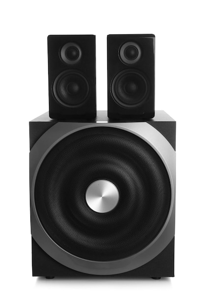 Modern powerful audio speaker system on white background