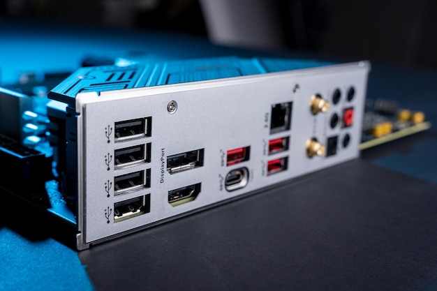 modern powerful and fast motherboard with connectors for hdmi and usb pc hardware concept internet cable connection slot