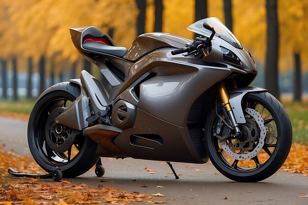 Modern powerful sports motorcycle in the autumn park