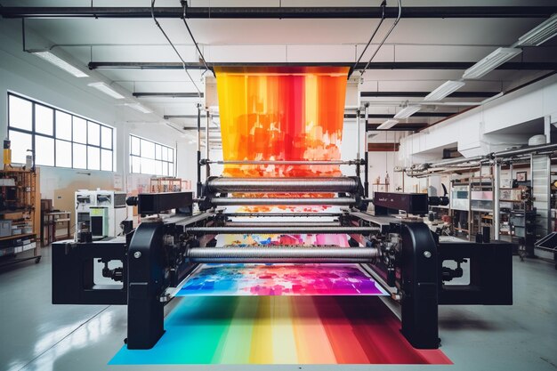 Modern printing press creates colorful documents indoors