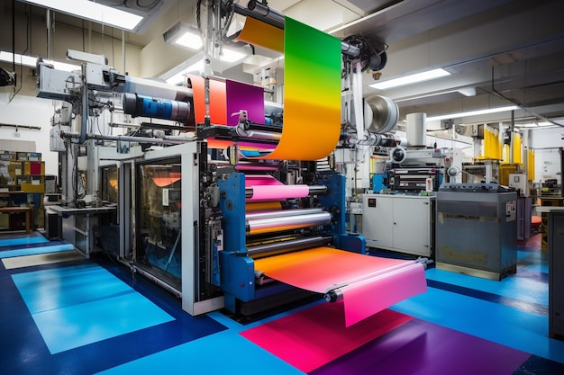 Modern printing press creates colorful documents indoors