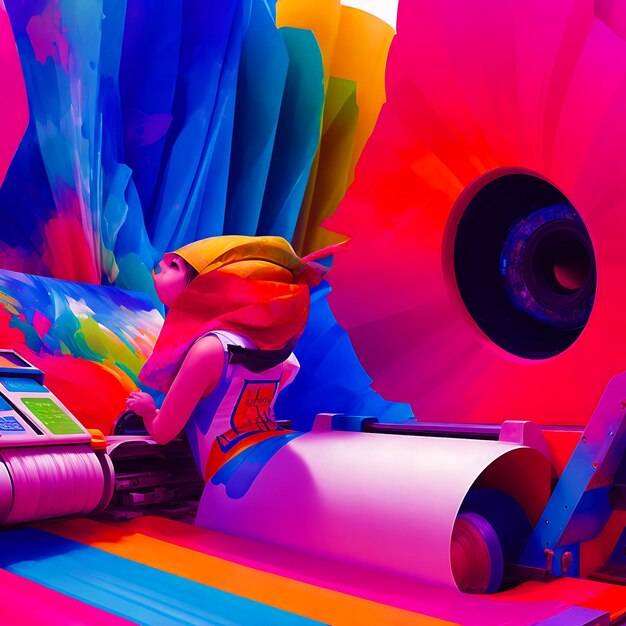 Photo modern printing press produces multi colored printouts accurately generated by ai