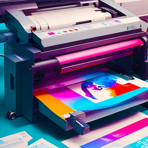 Photo modern printing press produces multi colored printouts accurately generated by ai