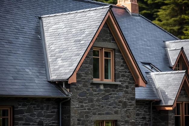 A modern private house is covered with metal tiles roofing or grey slate roof Vintage curved frame