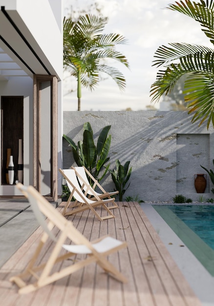 Modern private pool villa terrace with beach chairs swimming pool and tropical outdoor plants