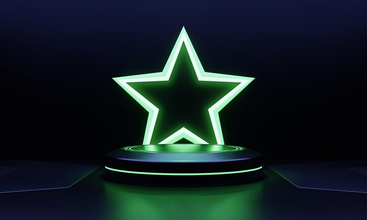 Modern products showcase scifi podium with green glowing light neon star shape background Technology and object concept 3D illustration rendering
