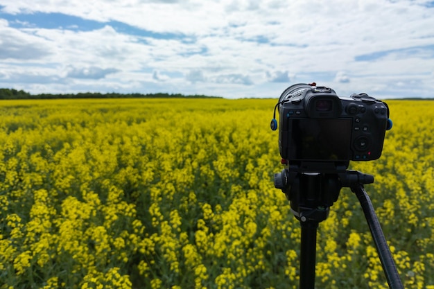 Photo modern professional mirrorless camera on tripod shooting yellow field on tripod closeup