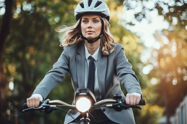 写真 都市通勤で自転車に乗って仕事に行く現代の職業女性