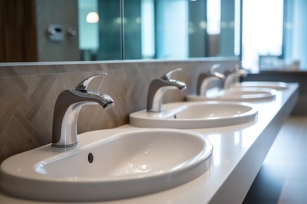 Modern public bathroom with row of white ceramic wash sink basins and faucet with mirror in restroom