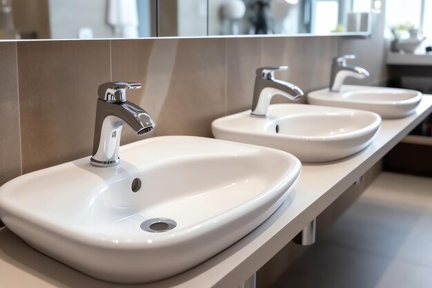 Foto bagno pubblico moderno con fila di lavandini in ceramica bianca e rubinetto con specchio in bagno