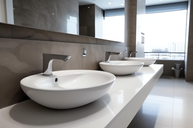 Modern public bathroom with row of white ceramic wash sink basins and faucet with mirror in restroom