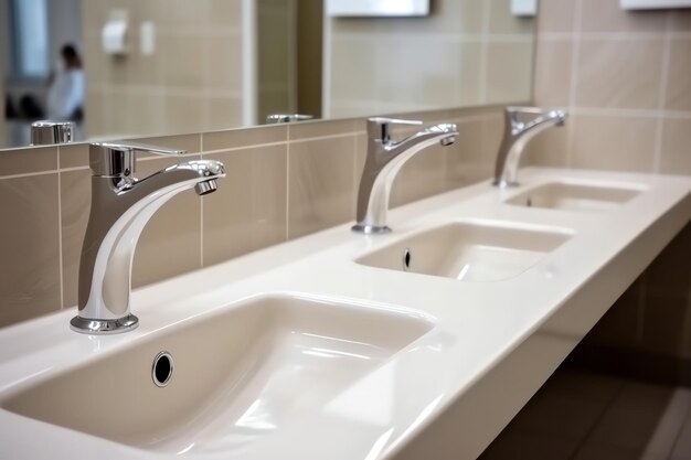Modern public bathroom with row of white ceramic wash sink basins and faucet with mirror in restroom