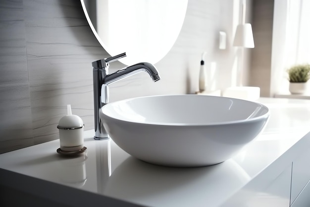 Modern public bathroom with row of white ceramic wash sink basins and faucet with mirror in restroom