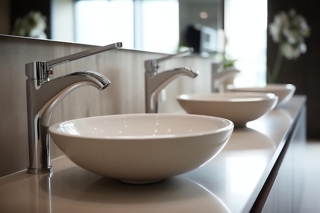 Modern public bathroom with row of white ceramic wash sink basins and faucet with mirror in restroom