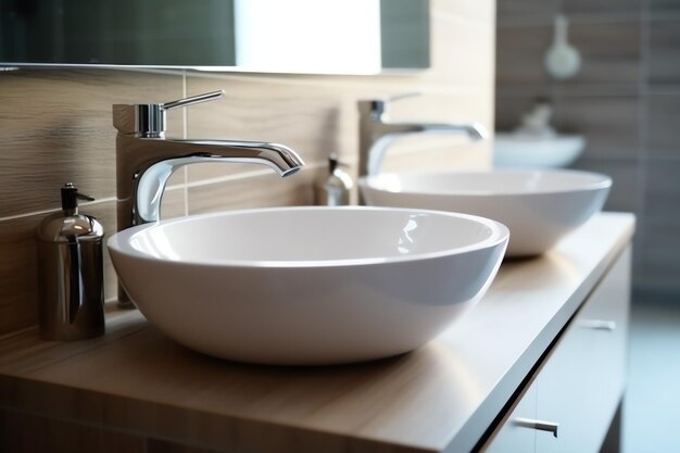 Modern public bathroom with row of white ceramic wash sink basins and faucet with mirror in restroom