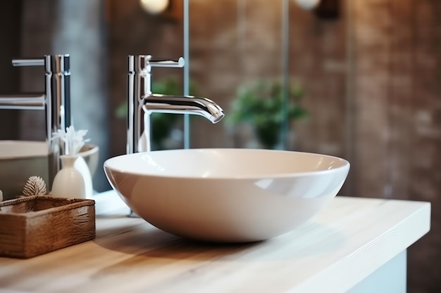 Modern public bathroom with row of white ceramic wash sink basins and faucet with mirror in restroom