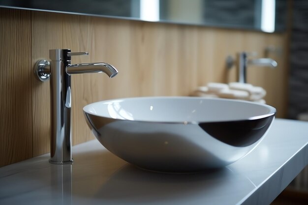 Modern public bathroom with row of white ceramic wash sink basins and faucet with mirror in restroom