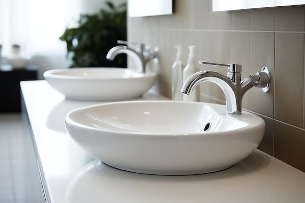 Photo modern public bathroom with row of white ceramic wash sink basins and faucet with mirror in restroom