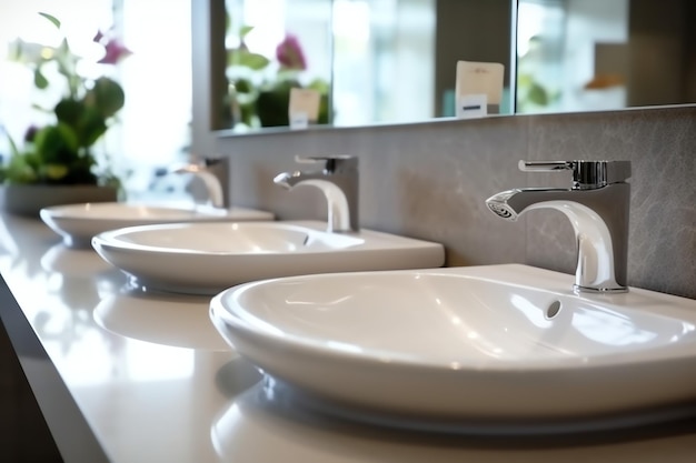 Foto bagno pubblico moderno con fila di lavandini in ceramica bianca e rubinetto con specchio nel bagno