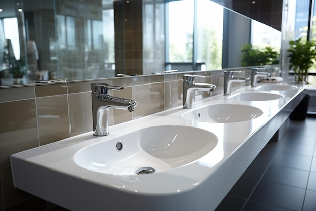 Photo modern public bathroom with white ceramic wash sink basins and mirror