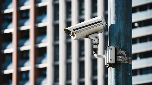 Modern public cctv camera on electric pole and blur building background with copy space