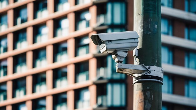 Modern public cctv camera on electric pole and blur building background with copy space