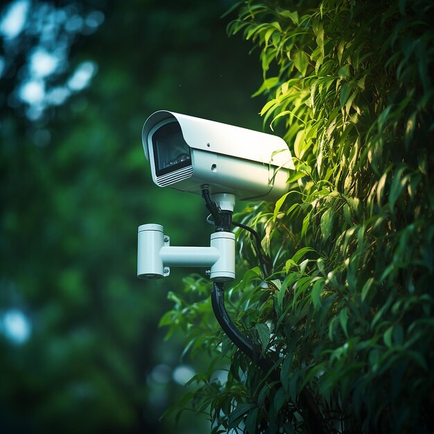 Modern public cctv camera on an electric pole with a blurred natural background generated by ai