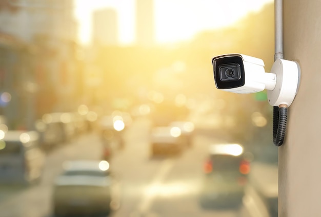 Modern public CCTV camera on traffic roads at sunset background with copy space