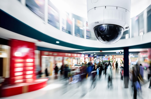 Foto moderna telecamera di sorveglianza pubblica con folla sfocata e sfondo di piazza commerciale