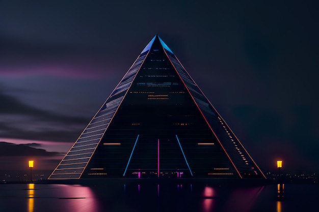 Modern pyramid with lights at night Generative AI