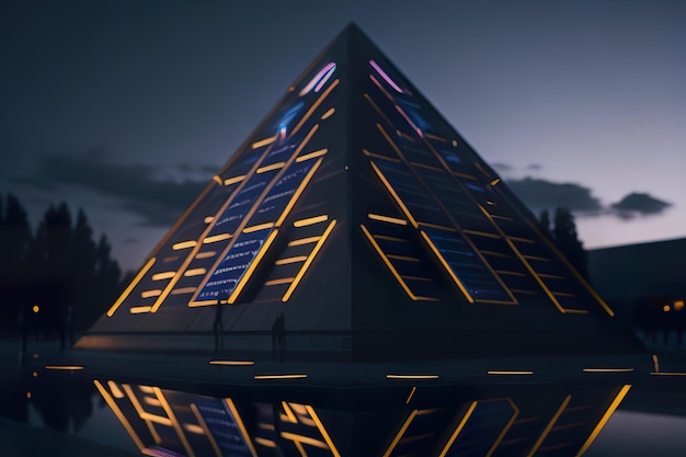 Photo modern pyramid with lights at night generative ai