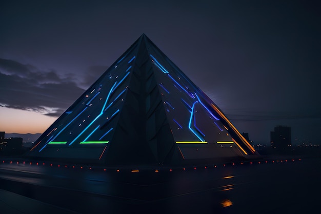 Modern pyramid with lights at night Generative AI