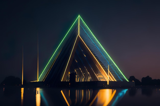 Modern pyramid with lights at night Generative AI