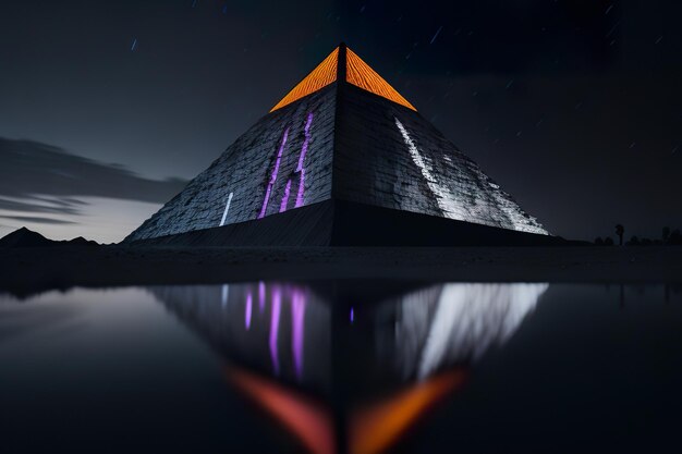 Foto piramide moderna con luci notturne ia generativa