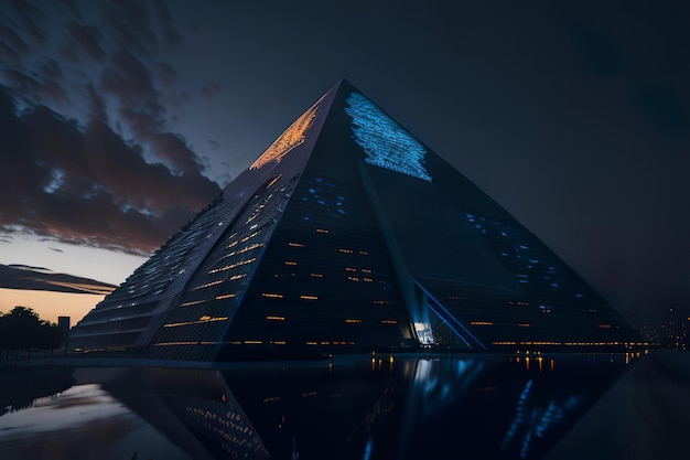 Modern pyramid with lights at night Generative AI