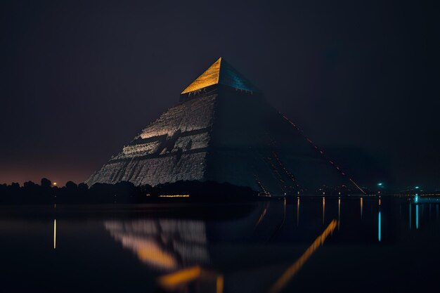 Modern pyramid with lights at night Generative AI