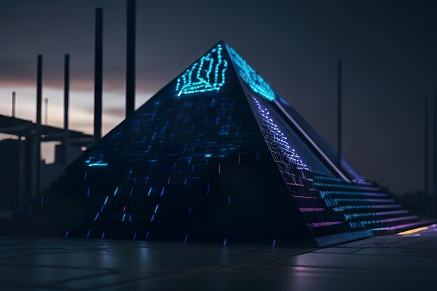 Modern pyramid with lights at night Generative AI