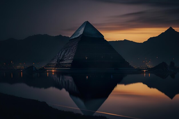 Modern pyramid with lights at night generative ai