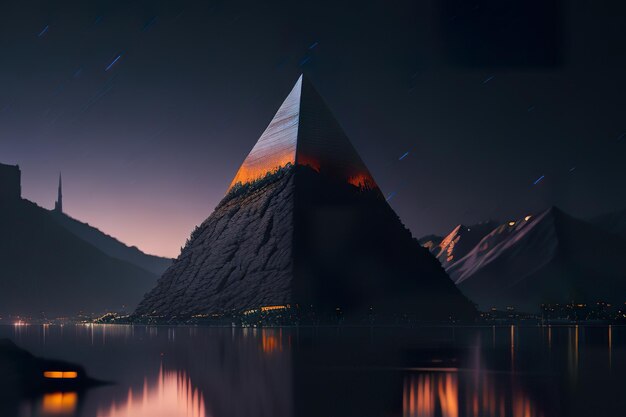 Modern pyramid with lights at night Generative AI