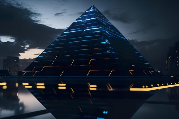 Foto piramide moderna con luci notturne ia generativa